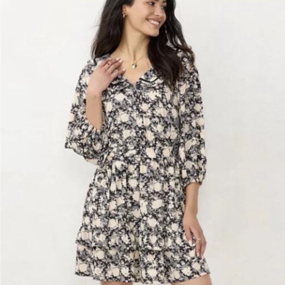 LC Lauren Conrad Floral Print Midi Dress in Black and Cream